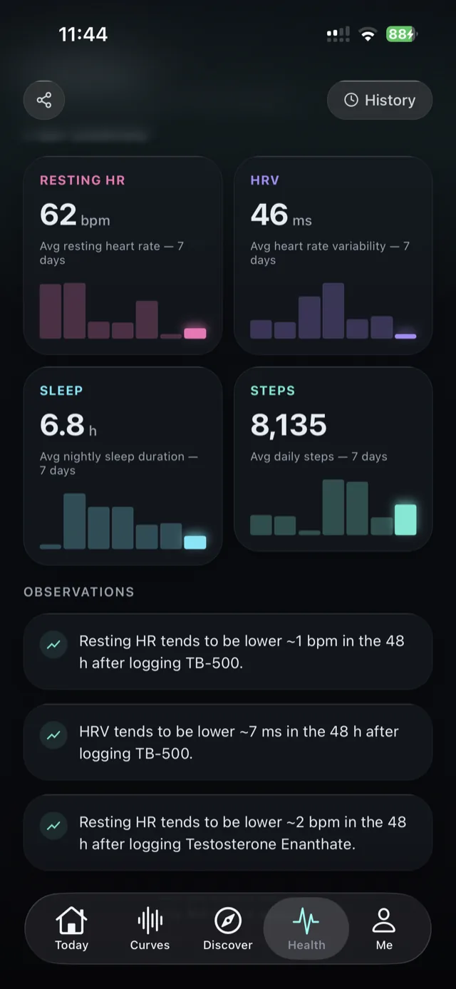 Halflife app health context screen showing recorded trends
