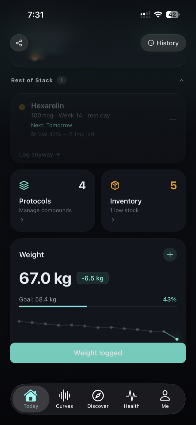 Halflife app weight tracking screen with goal progress, total change, and a trend sparkline shown alongside protocols and vial inventory